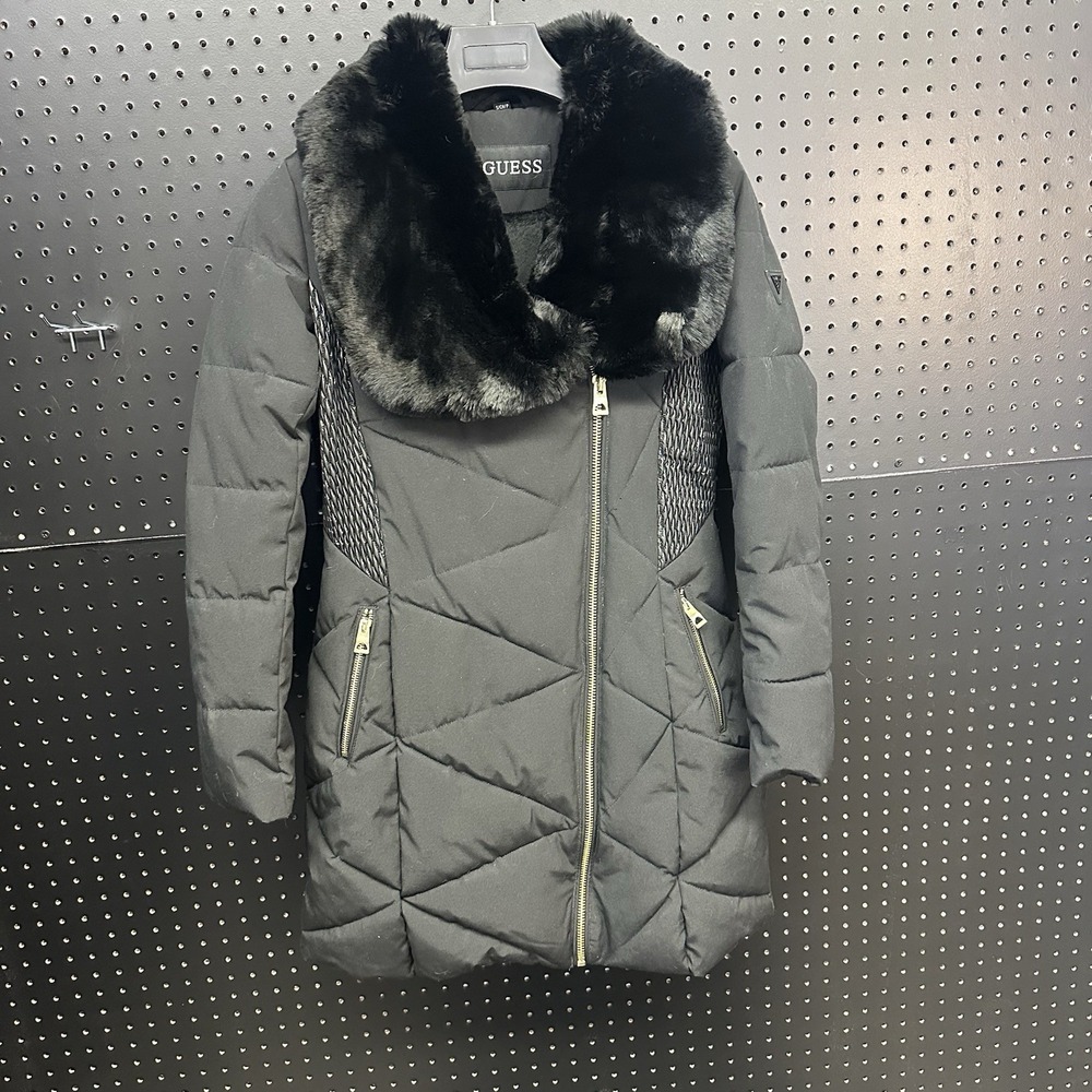 Guess Faux Fur Collar Long‎ Quilted Winter Puffer Jacket Coat Size Small